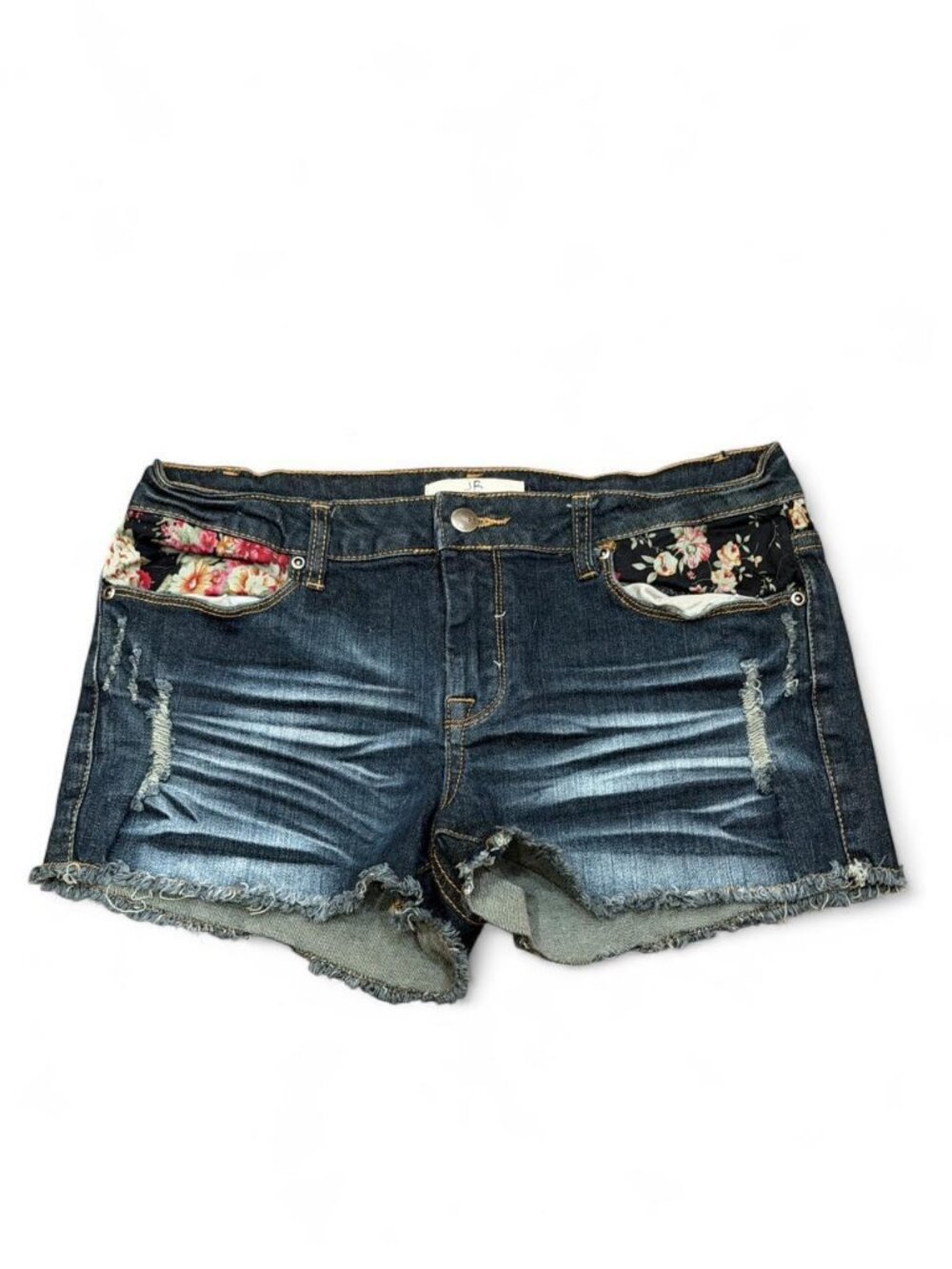 JR Denim Distressed Cutoff Jean Shorts Floral Pockets Dark Wash 29